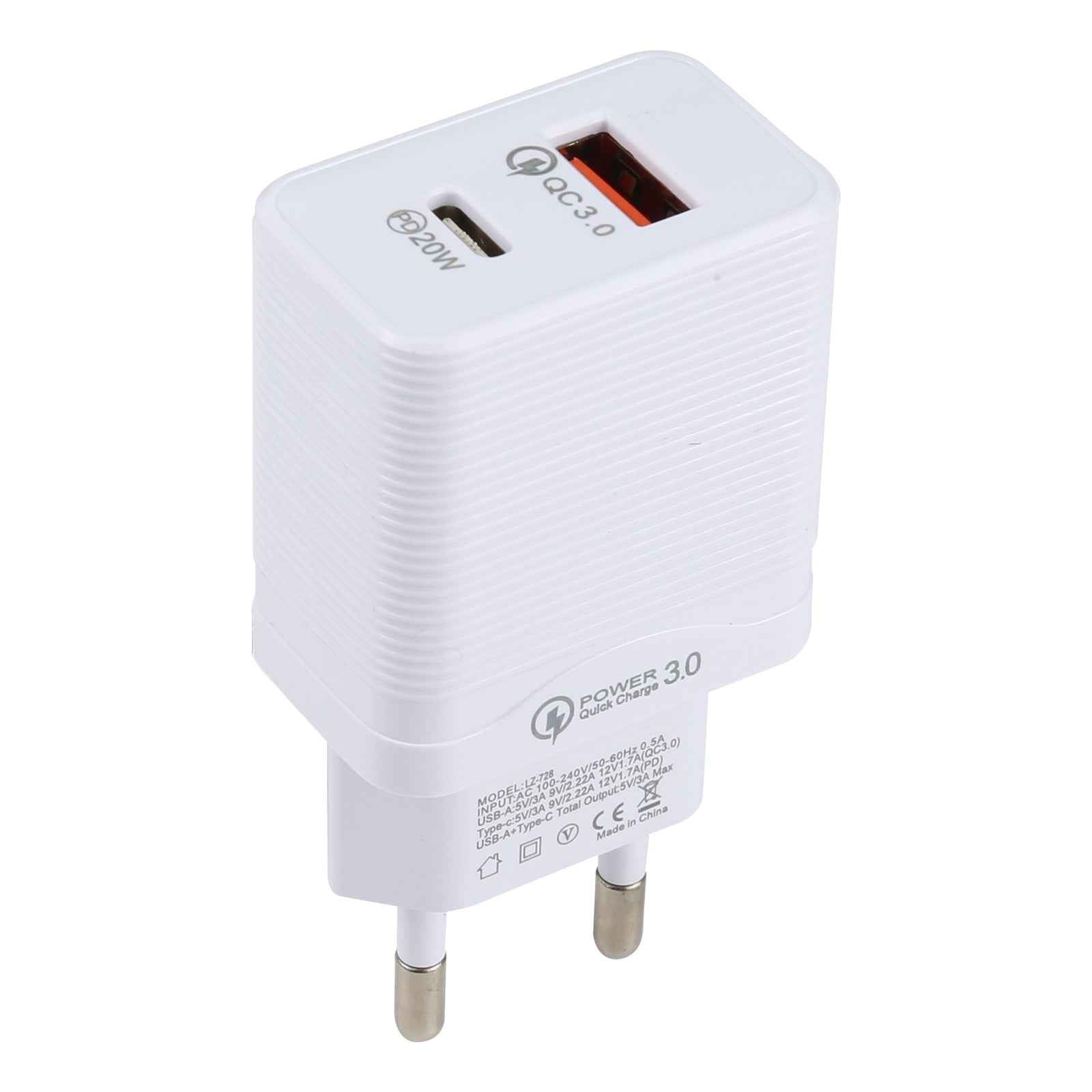 Uniqbuy For LZ-728 QC 3.0 USB + PD 20W USB-C / Type-C Fast Travel Charger, EU Plug (White)