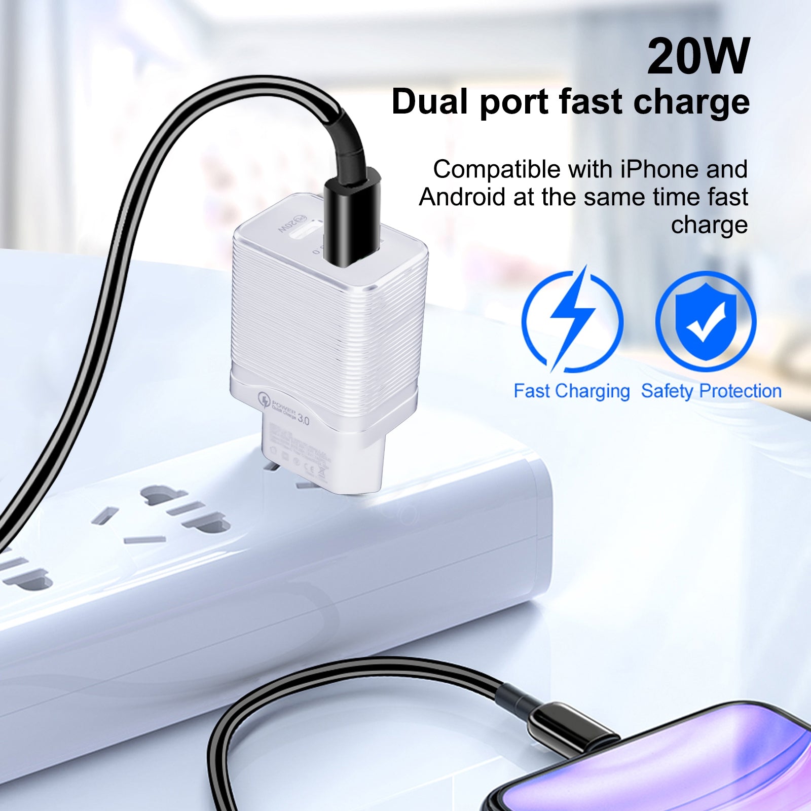 LZ-728 QC 3.0 USB + PD 20W USB-C / Type-C Fast Travel Charger, EU Plug (White)