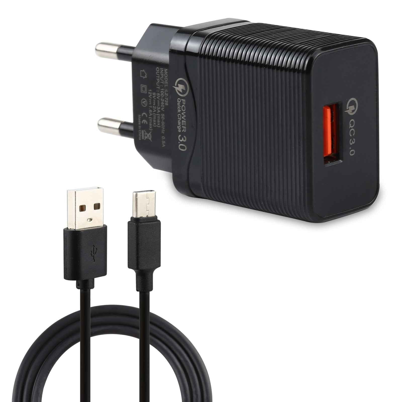 Uniqbuy For LZ-728 2 in 1 18W QC 3.0 USB Interface Travel Charger + USB to USB-C / Type-C Data Cable Set, EU Plug, Cable Length: 1m(Black)
