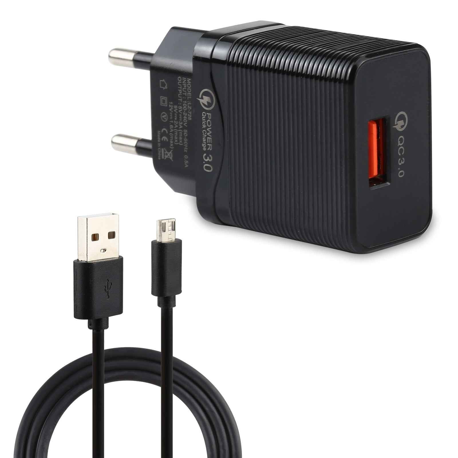 Uniqbuy For LZ-728 2 in 1 18W QC 3.0 USB Interface Travel Charger + USB to Micro USB Data Cable Set, EU Plug, Cable Length: 1m (Black)
