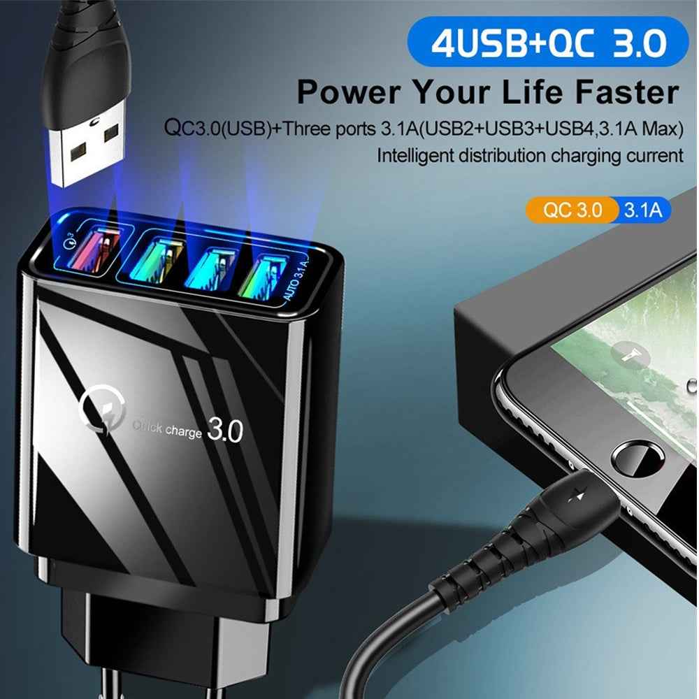 Uniqbuy For 30W QC 3.0 USB + 3 USB 2.0 Ports Mobile Phone Tablet PC Universal Quick Charger Travel Charger, EU Plug(Black)