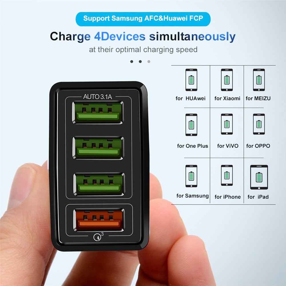 Uniqbuy For 30W QC 3.0 USB + 3 USB 2.0 Ports Mobile Phone Tablet PC Universal Quick Charger Travel Charger, EU Plug(Black)