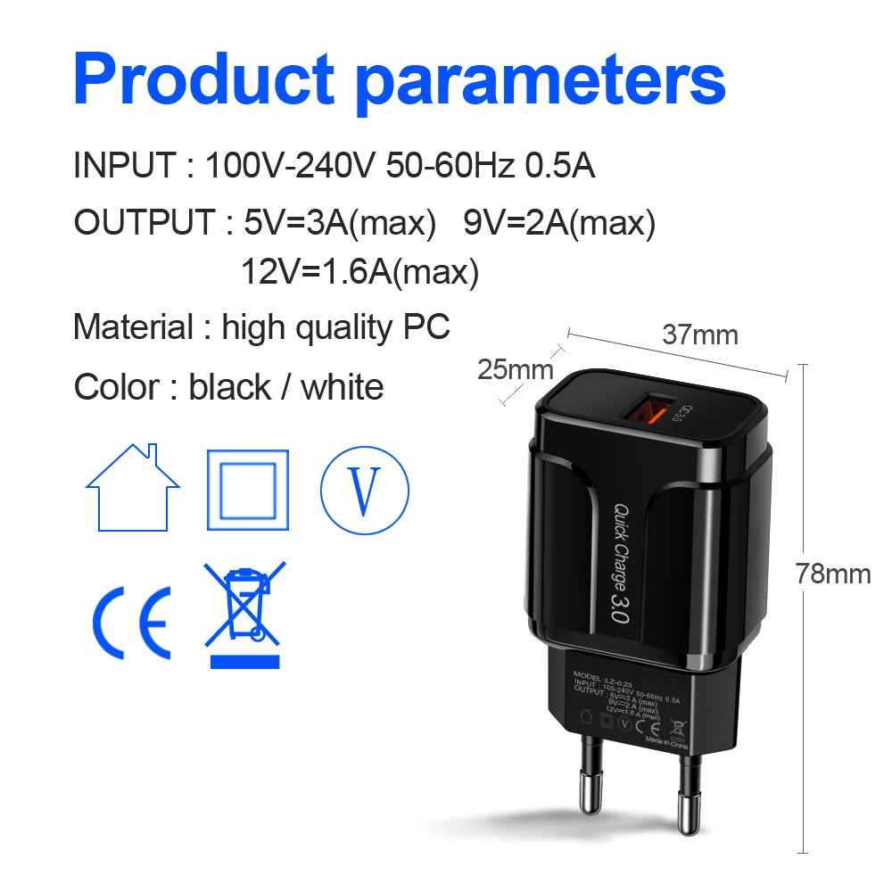 Uniqbuy For Portable QC3.0 18W USB Port Universal Quick Charging Charger, EU Plug(Black)