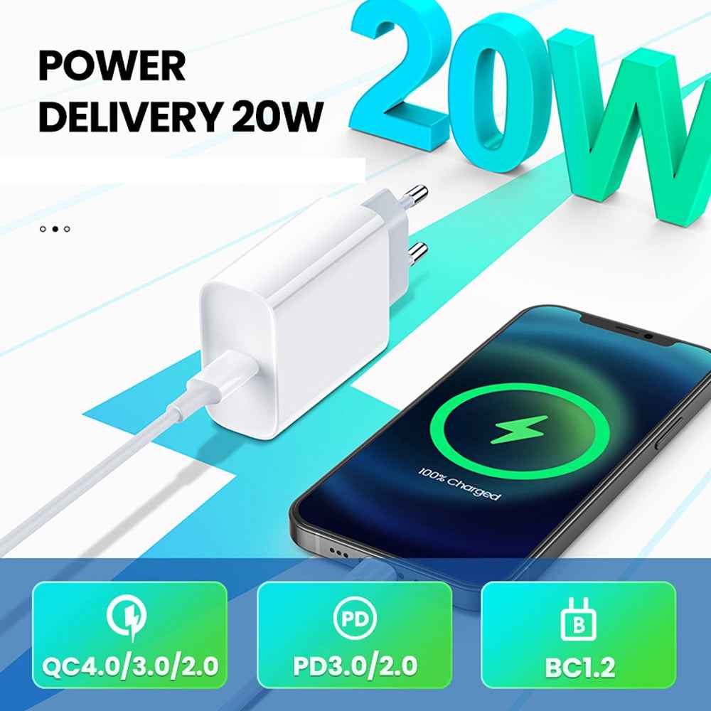 Uniqbuy For 2 in 1 PD 20W Single USB-C / Type-C Port Travel Charger + 3A PD3.0 USB-C / Type-C to 8 Pin Fast Charge Data Cable Set, Cable Length: 1m, EU Plug