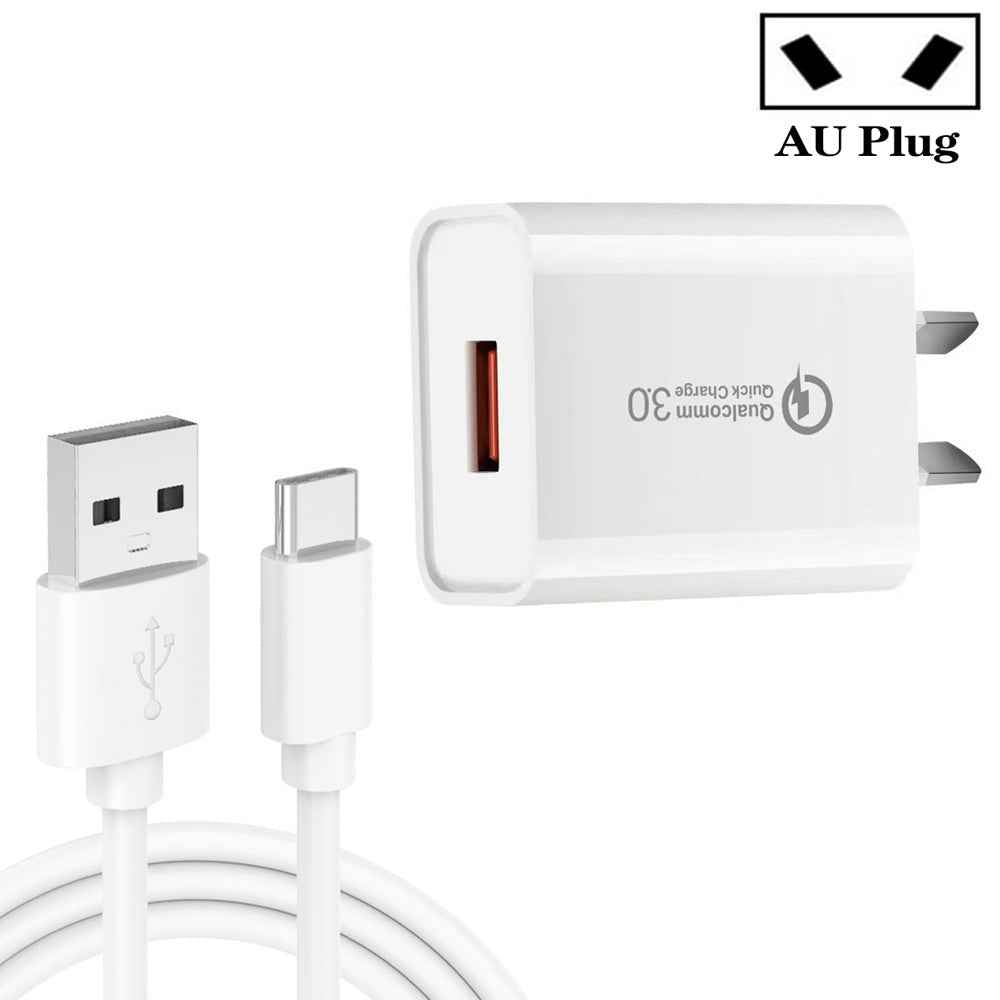 Uniqbuy For CA-25 QC3.0 USB 3A Fast Charger with 1m USB to Type-C Data Cable, AU Plug(White)