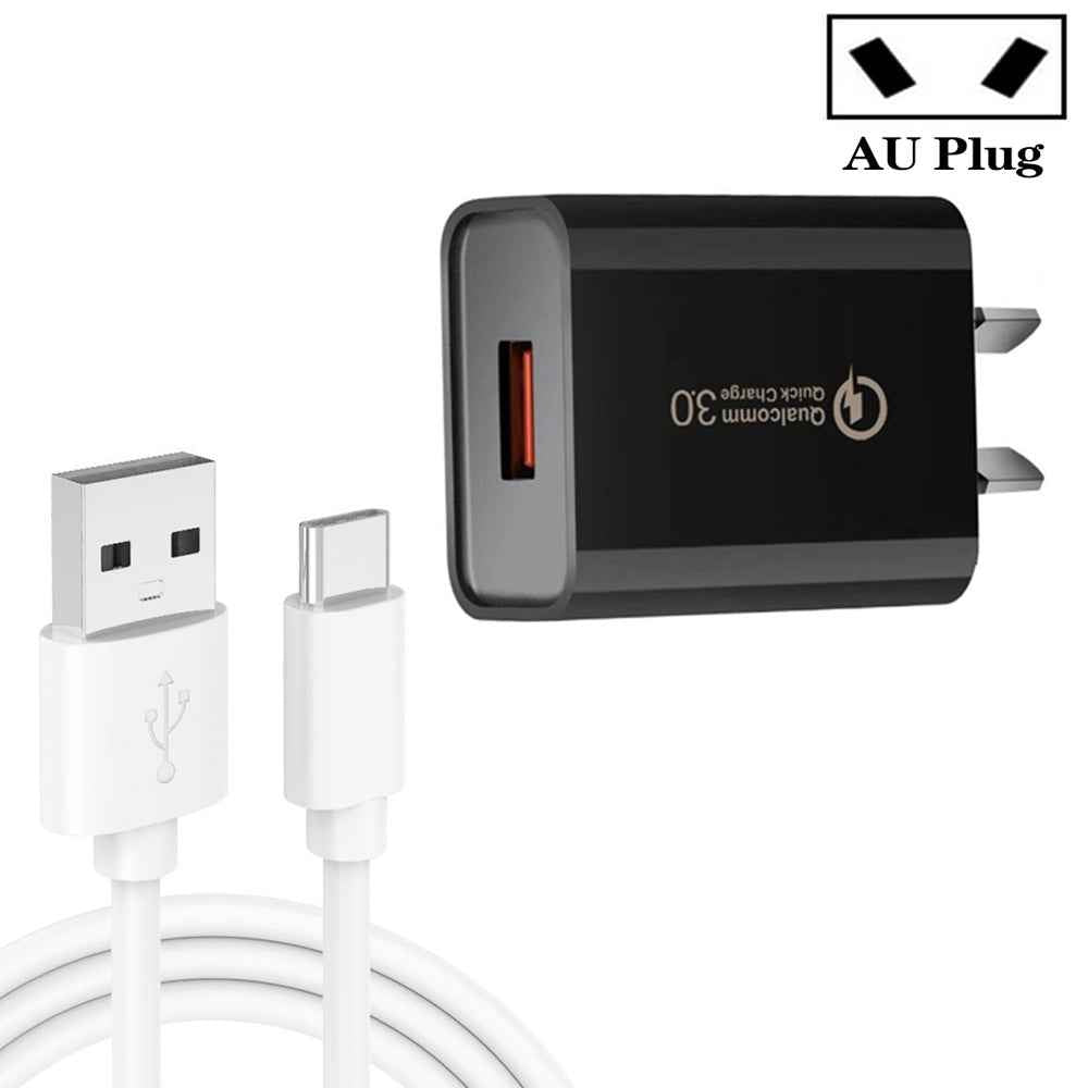 Uniqbuy For CA-25 QC3.0 USB 3A Fast Charger with 1m USB to Type-C Data Cable, AU Plug(Black)