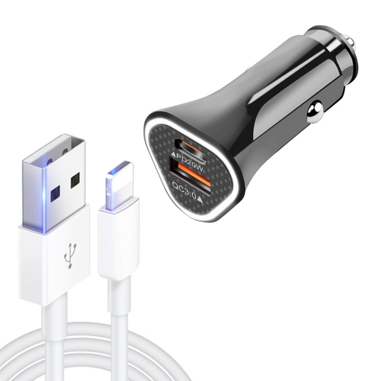 TE-P23 38W PD 20W USB-C / Type-C + QC3. 0 USB Triangle Car Charger + USB to 8 Pin Data Cable, Length: 1m(Black)