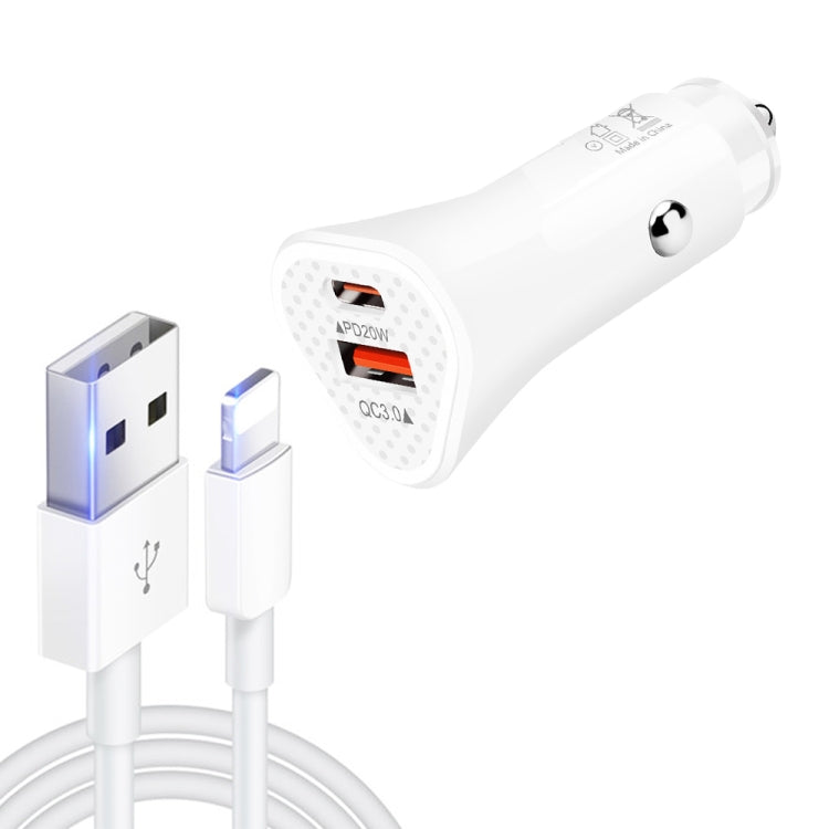 TE-P23 38W PD 20W USB-C / Type-C + QC3. 0 USB Triangle Car Charger + USB to 8 Pin Data Cable, Length: 1m(White)