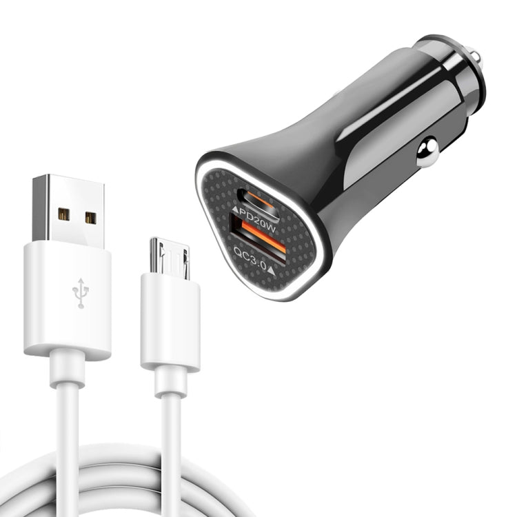 TE-P23 38W PD 20W USB-C / Type-C + QC3. 0 USB Triangle Car Charger + USB to Micro USB Data Cable, Length: 1m(Black)