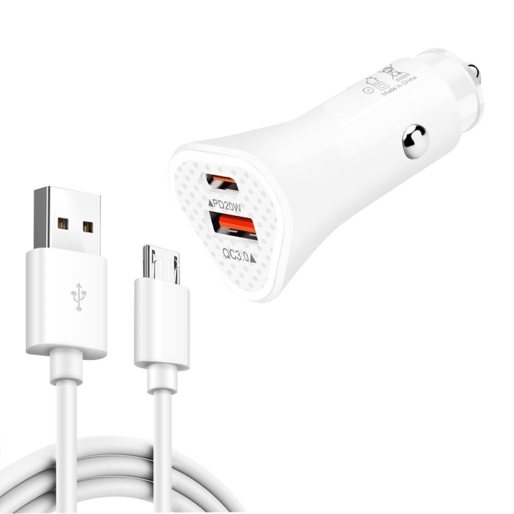 TE-P23 38W PD 20W USB-C / Type-C + QC3. 0 USB Triangle Car Charger + USB to Micro USB Data Cable, Length: 1m(White)