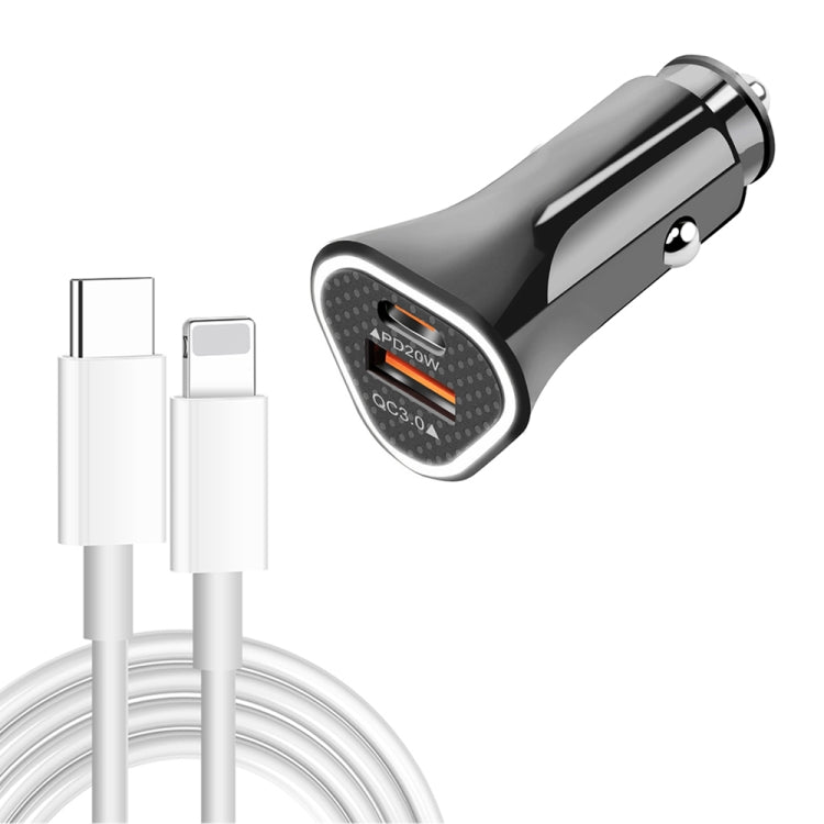 TE-P23 38W PD USB-C / Type-C + QC3. 0 USB Triangle Car Charger + USB-C / Type-C to 8 Pin Data Cable, Length: 1m(Black)