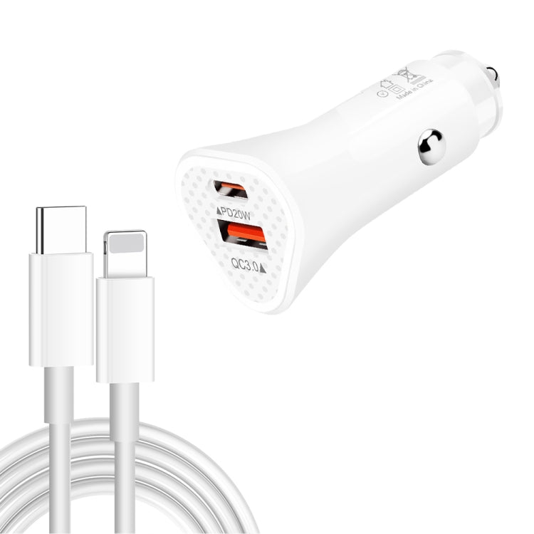 TE-P23 38W PD USB-C / Type-C + QC3. 0 USB Triangle Car Charger + USB-C / Type-C to 8 Pin Data Cable, Length: 1m(White)