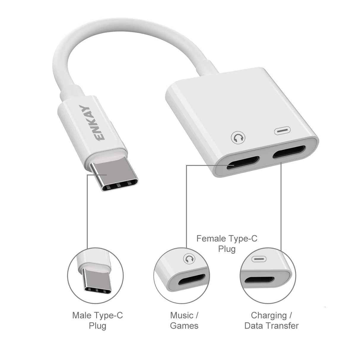 Uniqbuy For ENK-AT105 USB-C / Type-C to Dual Type-C Headphone & Charging Adapter Data Cable