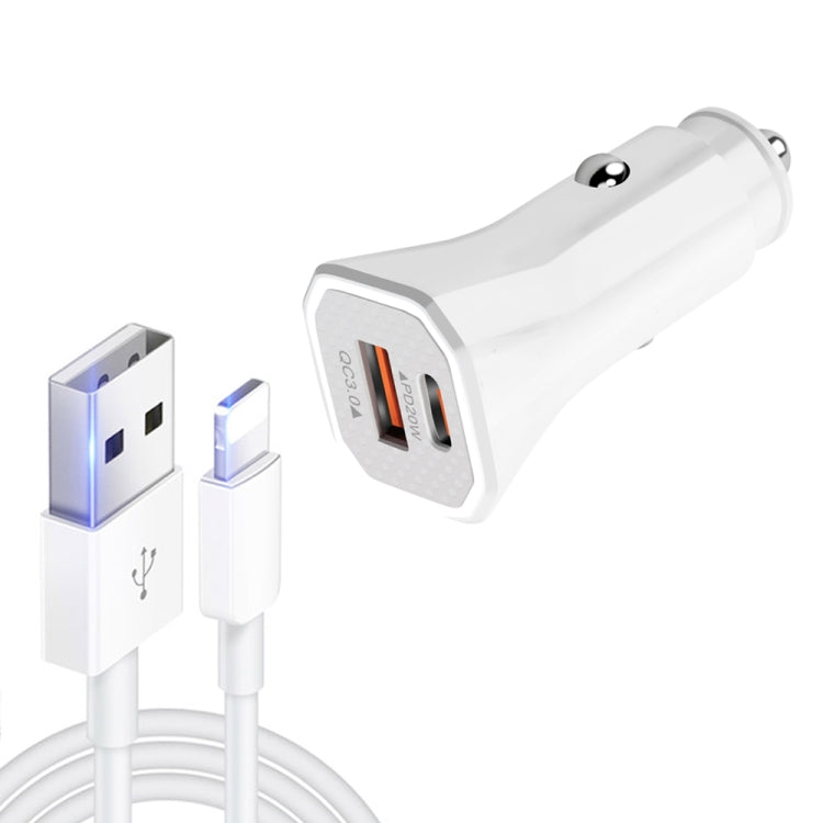 TE-P22 38W PD USB-C / Type-C + QC3. 0 USB Car Charger with 1m USB to 8 Pin Data Cable(White)