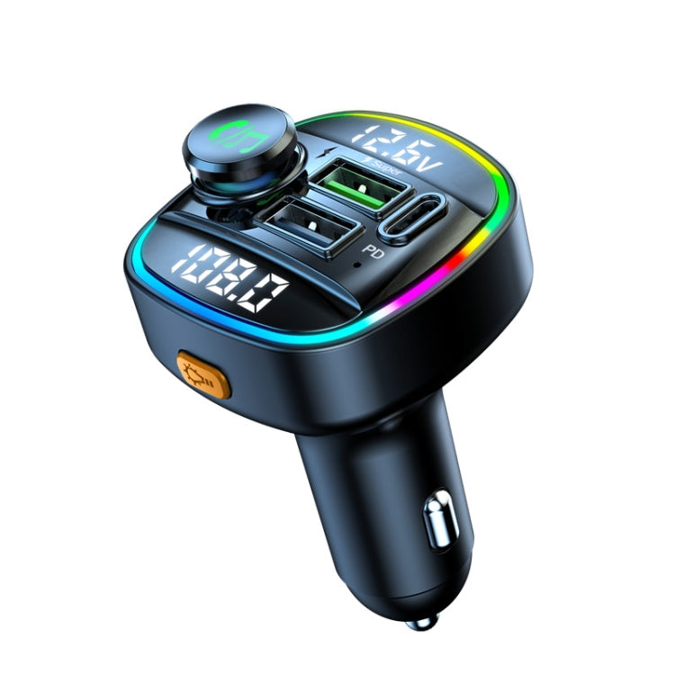 C22 Car Bluetooth 5.0 FM Transmitter LED Light Voltage Display QC 3.0 PD Charger