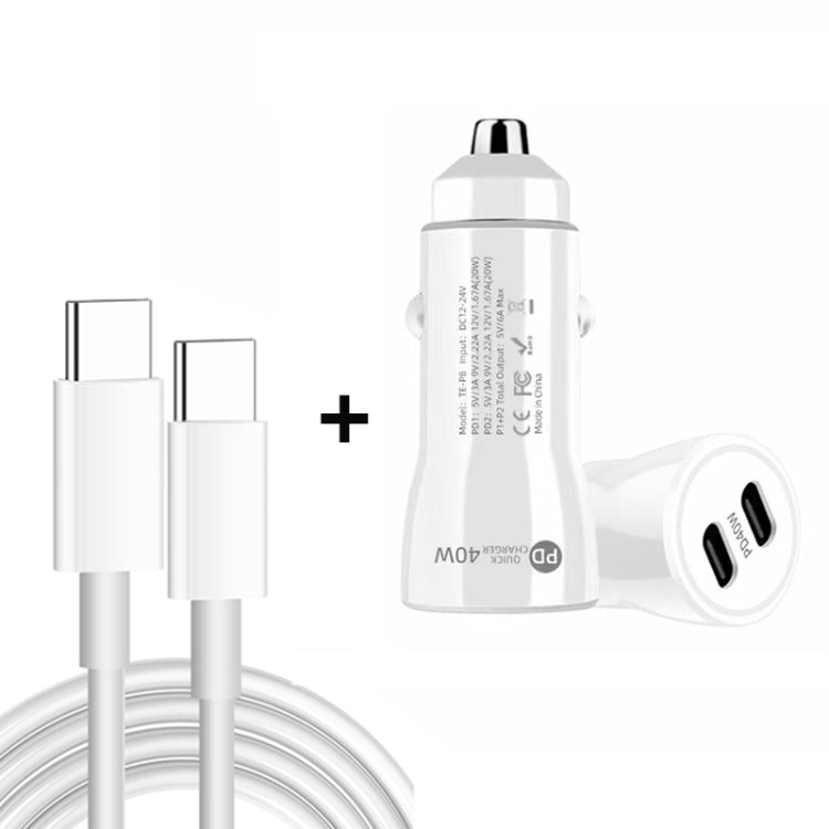 TE-P8 40W PD20W + PD20W Dual Port PD3.0 Car Charger with Type-c to Type-C Data Cable, Length: 1m(White)