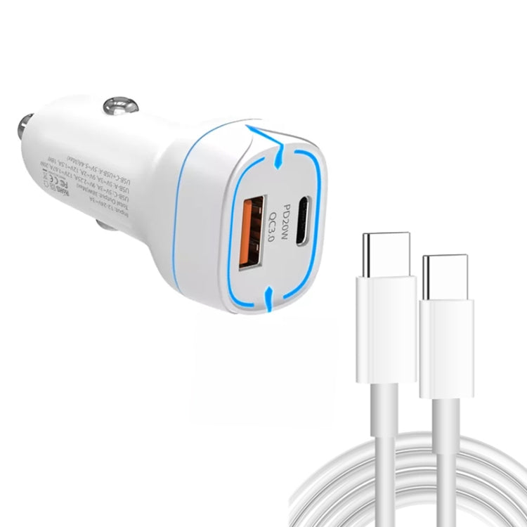 38W PD20W + QC3.0 USB Car Charger with Type-C to Type-C Data Cable, Length: 1m(White)