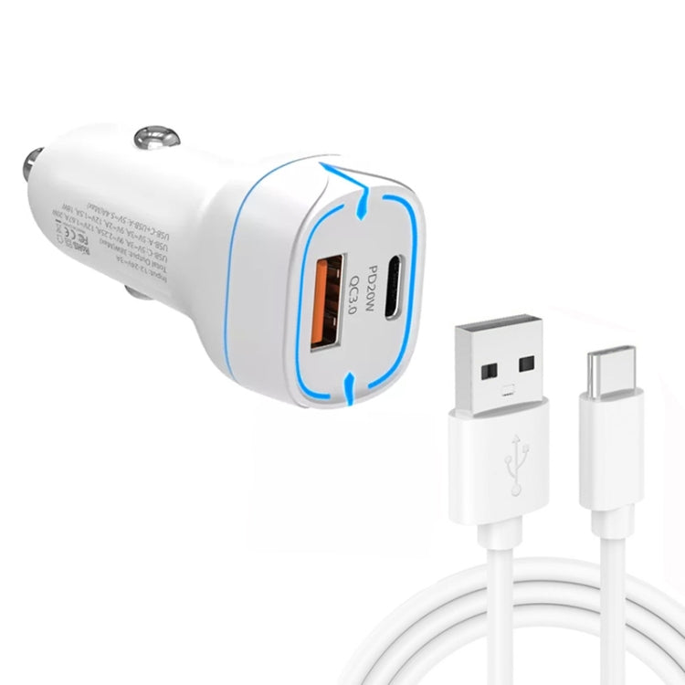 38W PD20W + QC3.0 USB Car Charger with USB to Type-C Data Cable, Length: 1m(White)