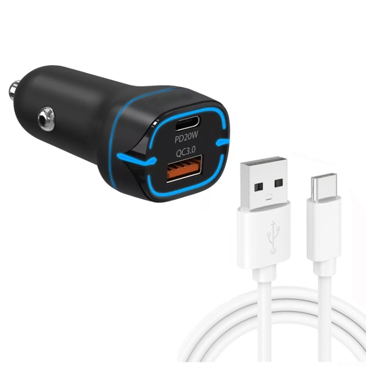 38W PD20W + QC3.0 USB Car Charger with USB to Type-C Data Cable, Length: 1m(Black)