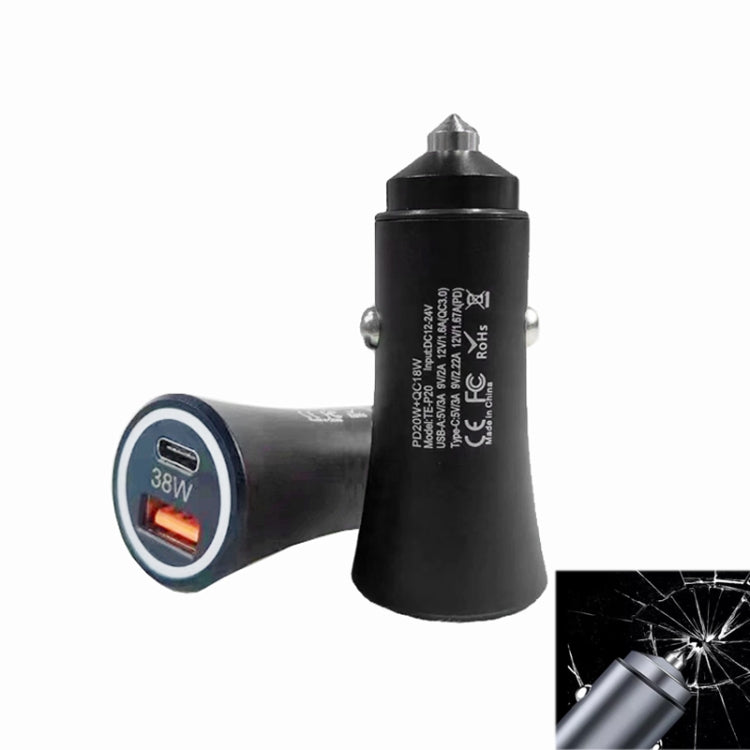 P20 38W PD3.0 20W + QC3.0 USB Safety Hammer Car Charger(Black)