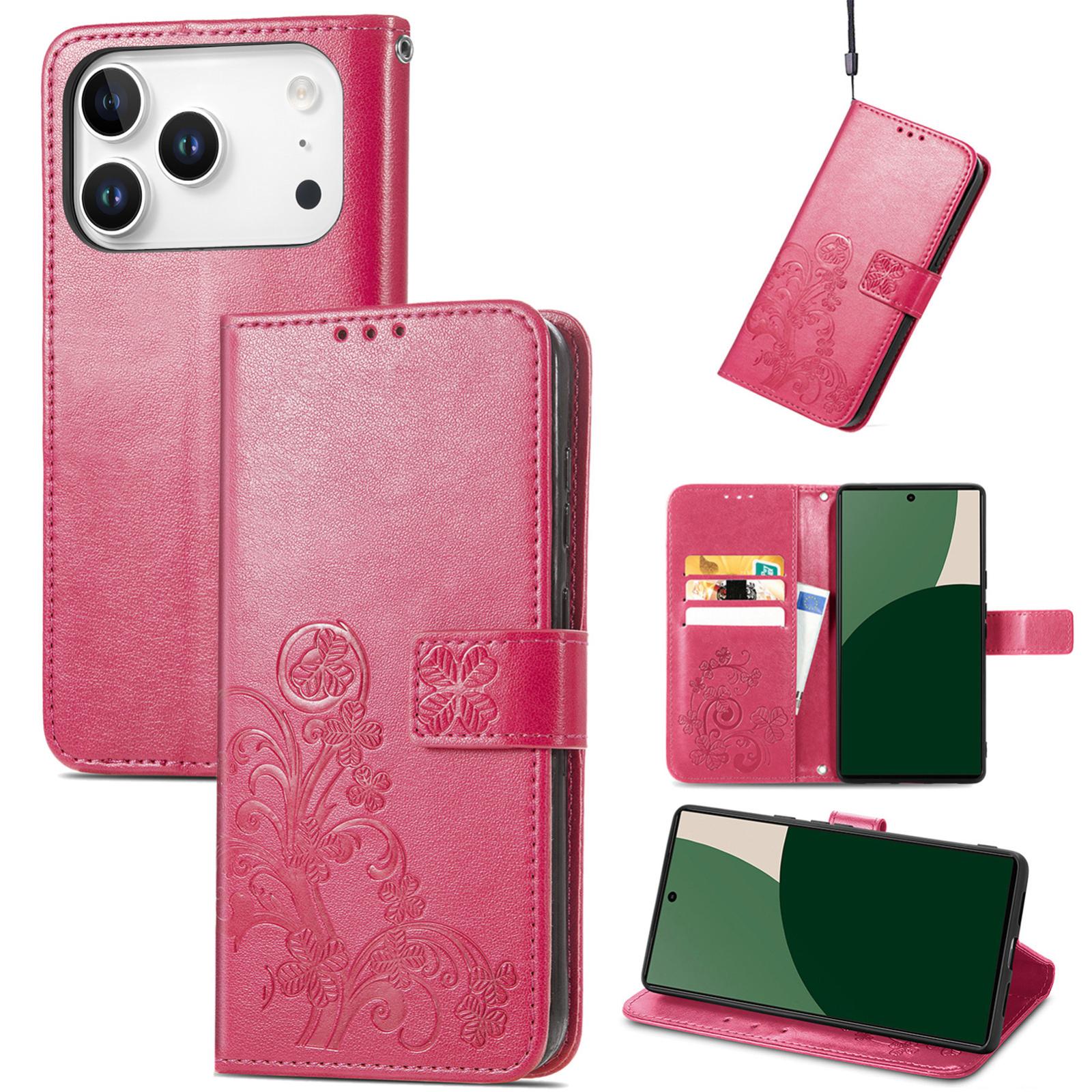 Compatible with iPhone 18 Pro Four-leaf Clasp Embossed Buckle Leather Phone Case - Magengta