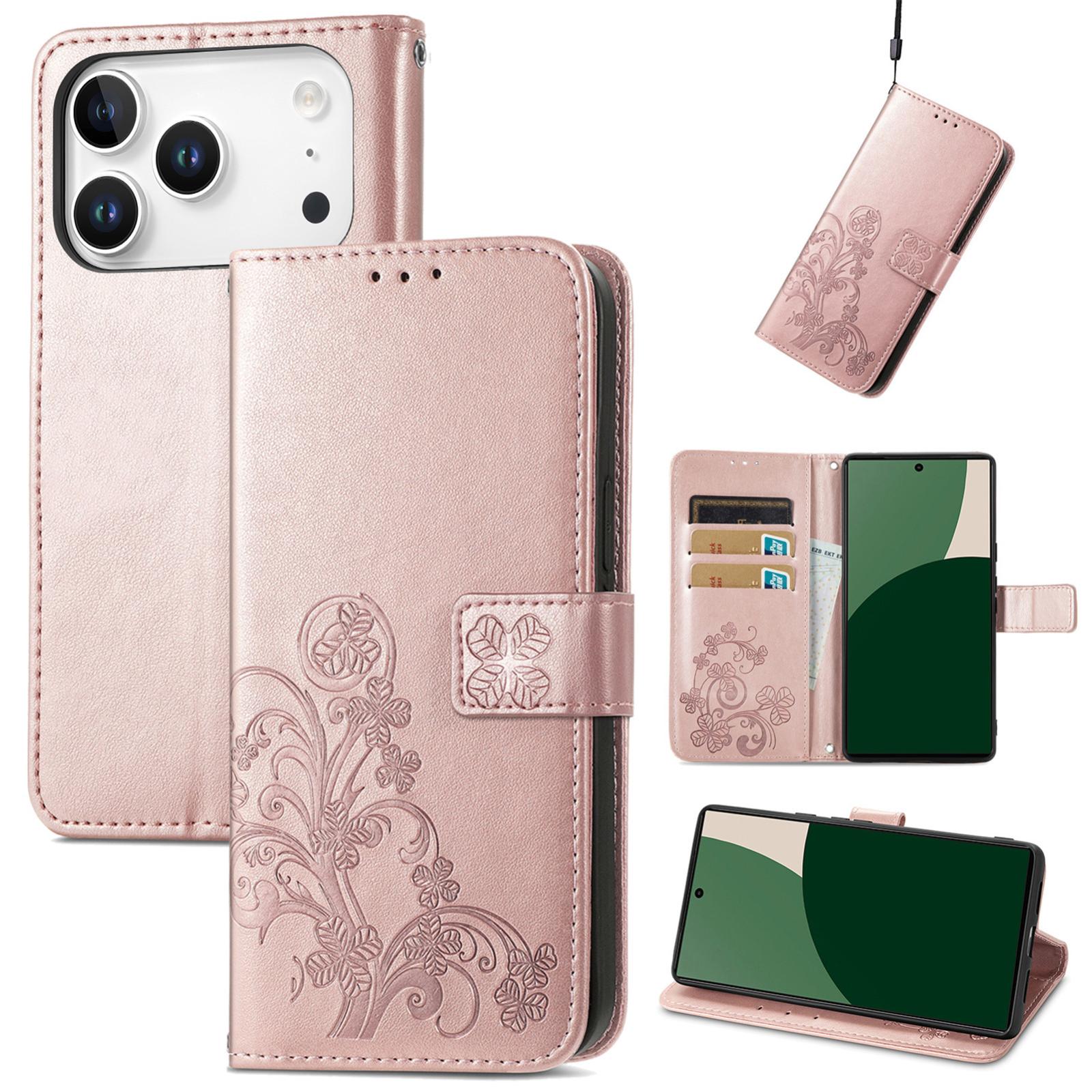 Compatible with iPhone 18 Pro Four-leaf Clasp Embossed Buckle Leather Phone Case - Rose Gold