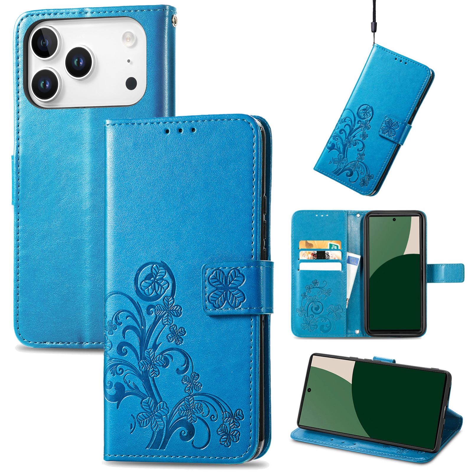Compatible with iPhone 18 Pro Four-leaf Clasp Embossed Buckle Leather Phone Case - Blue
