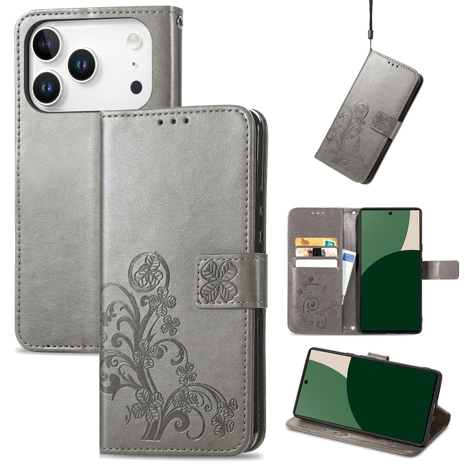 Compatible with iPhone 18 Pro Four-leaf Clasp Embossed Buckle Leather Phone Case - Gray