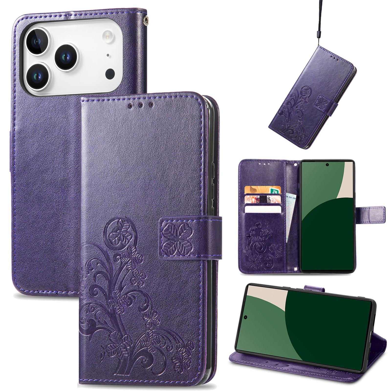 Compatible with iPhone 18 Pro Four-leaf Clasp Embossed Buckle Leather Phone Case - Purple