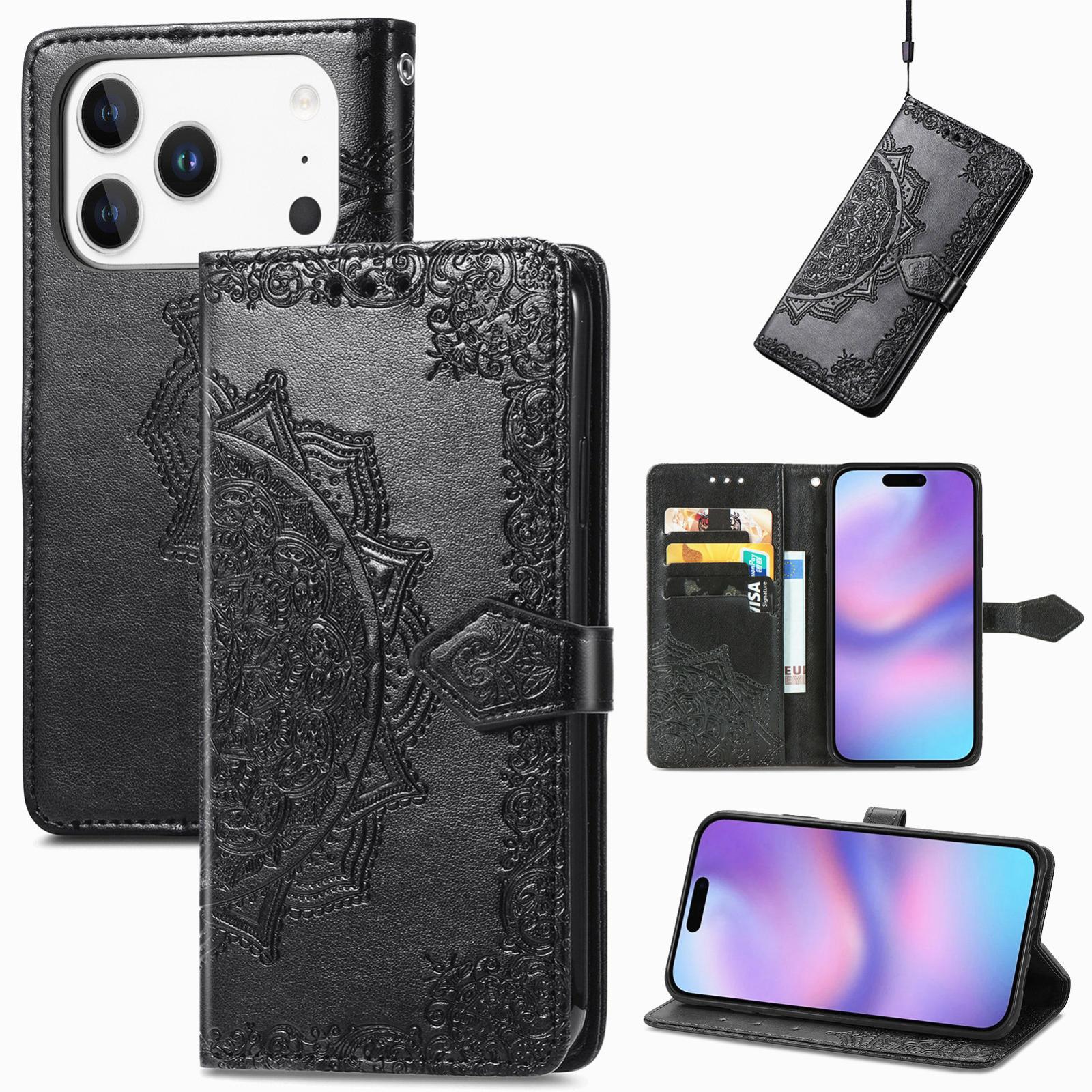 Compatible with iPhone 18 Pro Mandala Flower Embossed Leather Phone Case - Black