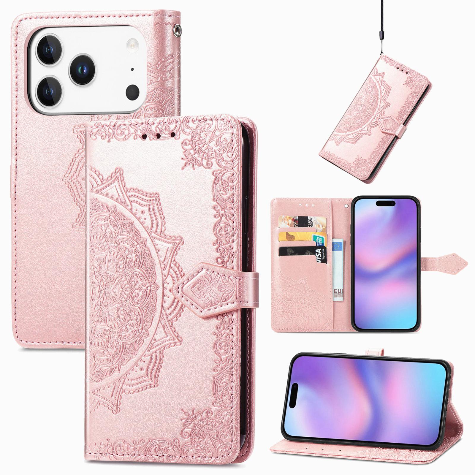 Compatible with iPhone 18 Pro Mandala Flower Embossed Leather Phone Case - Rose Gold
