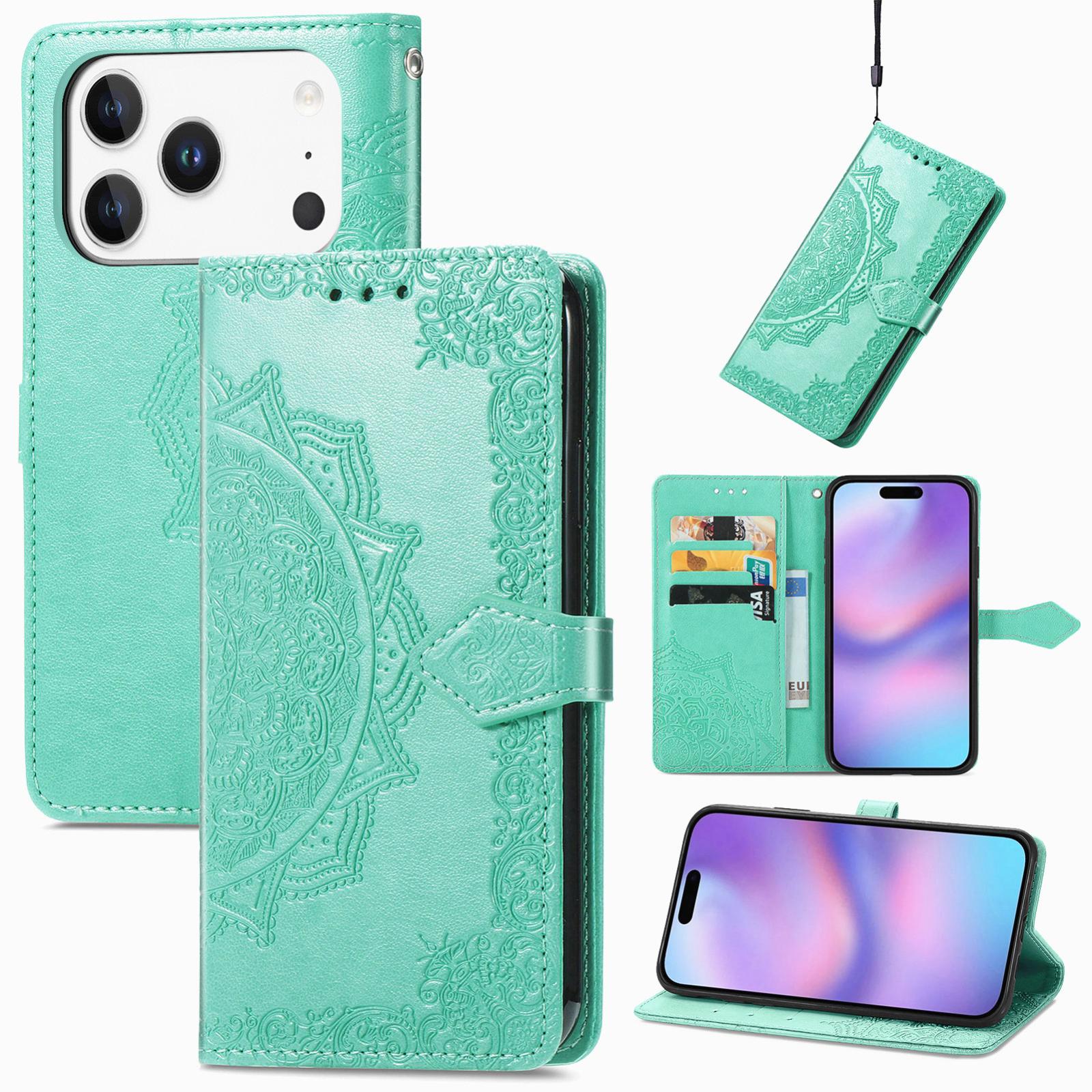 Compatible with iPhone 18 Pro Mandala Flower Embossed Leather Phone Case - Green