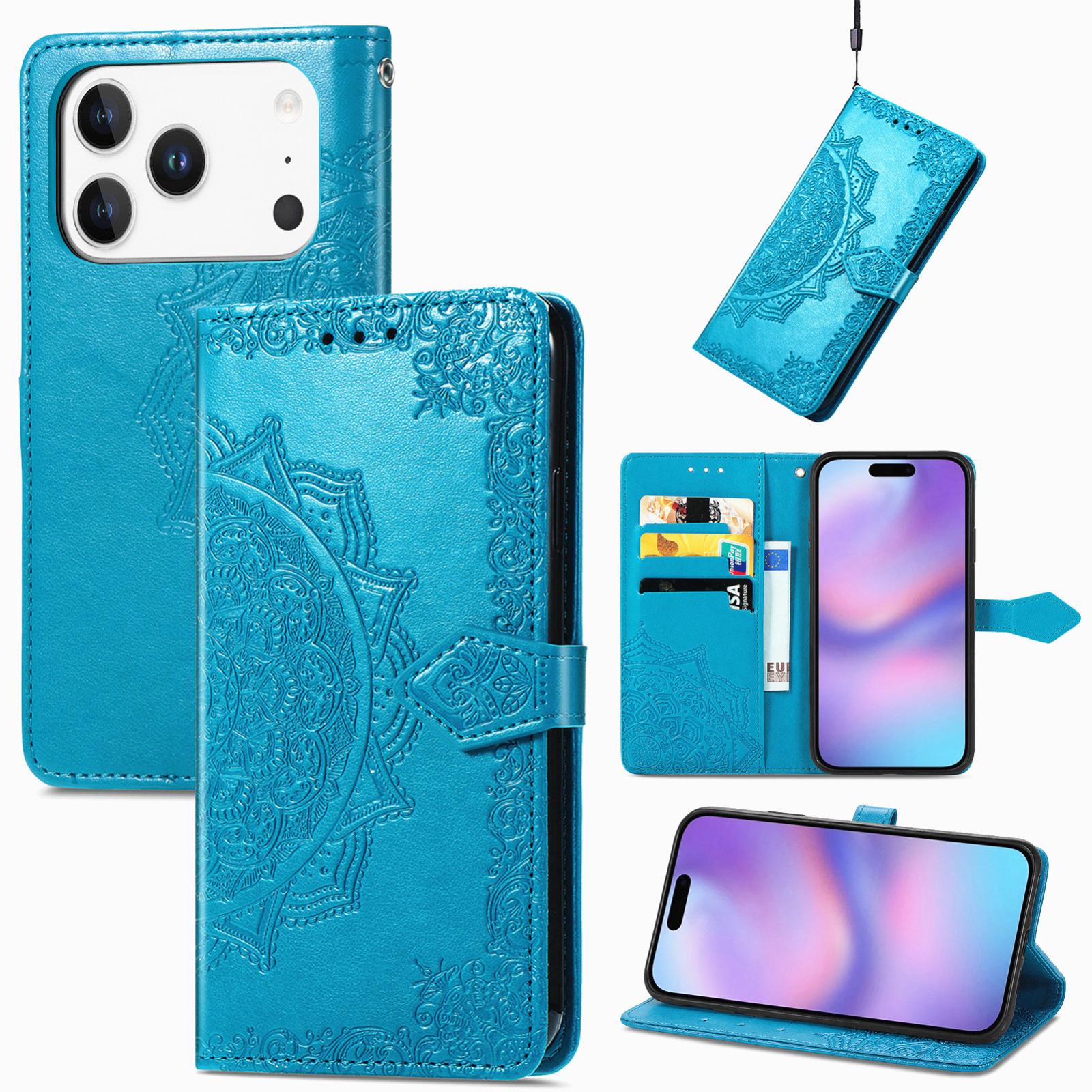 Compatible with iPhone 18 Pro Mandala Flower Embossed Leather Phone Case - Blue