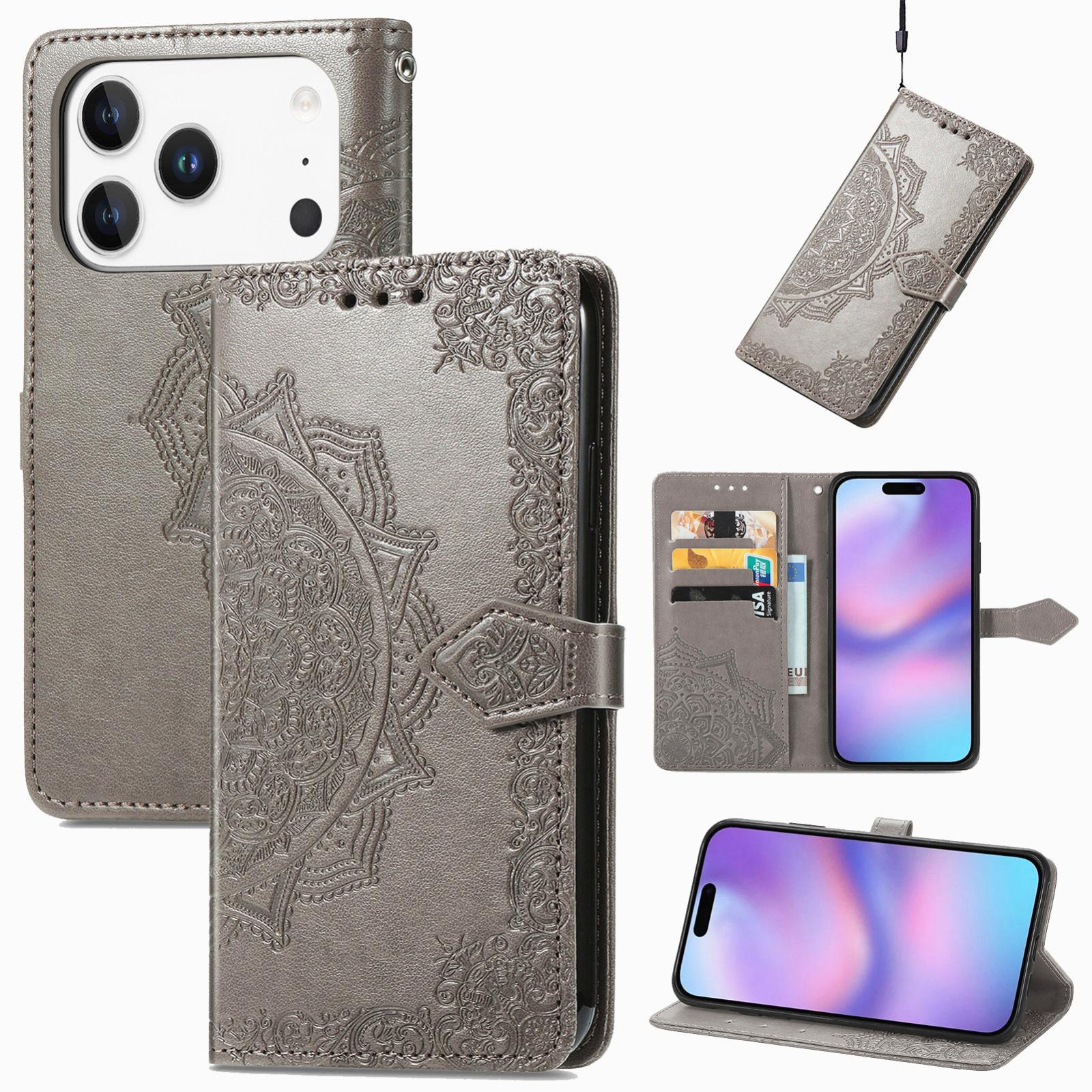 Compatible with iPhone 18 Pro Mandala Flower Embossed Leather Phone Case - Gray