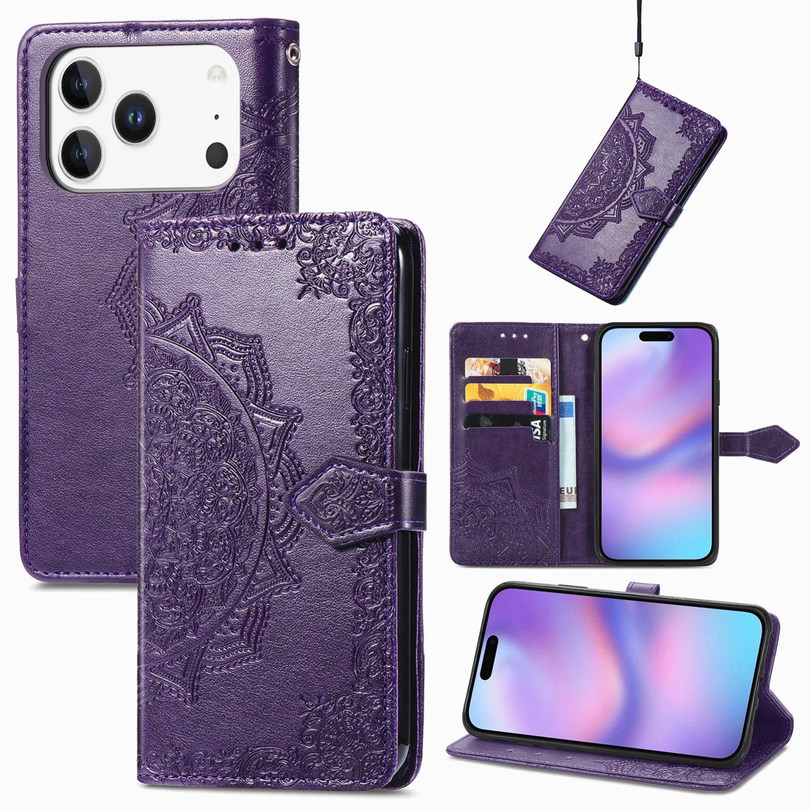 Compatible with iPhone 18 Pro Mandala Flower Embossed Leather Phone Case - Purple