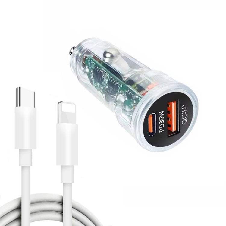 P35 48W PD30W + QC3.0 18W USB Transparent Car Charger with Type-C to 8 Pin Phone Data Cable(Transparent)