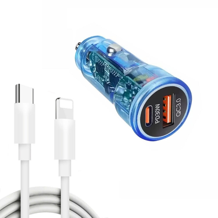 P35 48W PD30W + QC3.0 18W USB Transparent Car Charger with Type-C to 8 Pin Phone Data Cable(Transparent Blue)