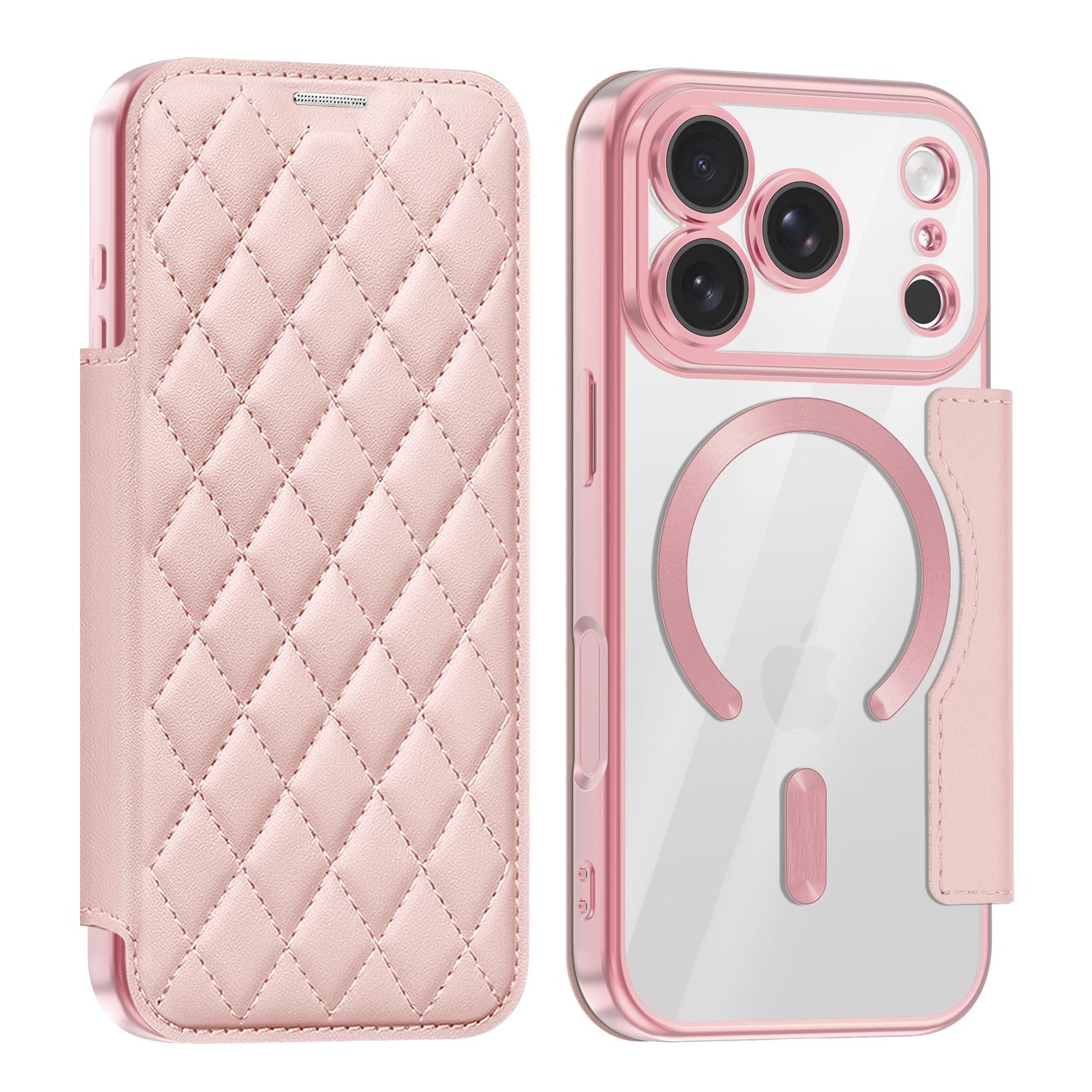 Compatible with iPhone 18 Pro Shield Magsafe RFID Anti-theft Rhombus Leather Phone Case - Pink