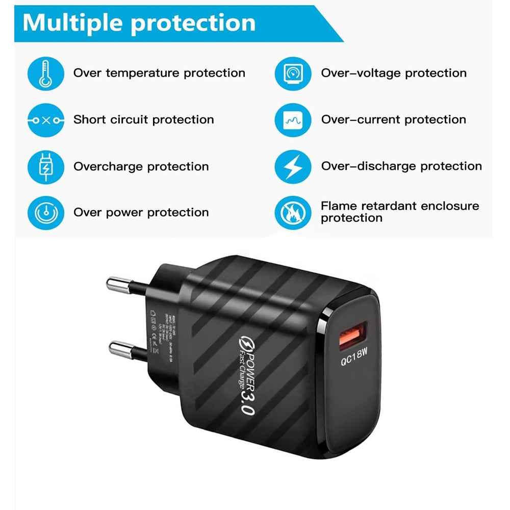 Uniqbuy For TE-005 USB3.0 QC3.0 18W 3A Interface Mobile Phone Fast Charger, EU Plug(Black)