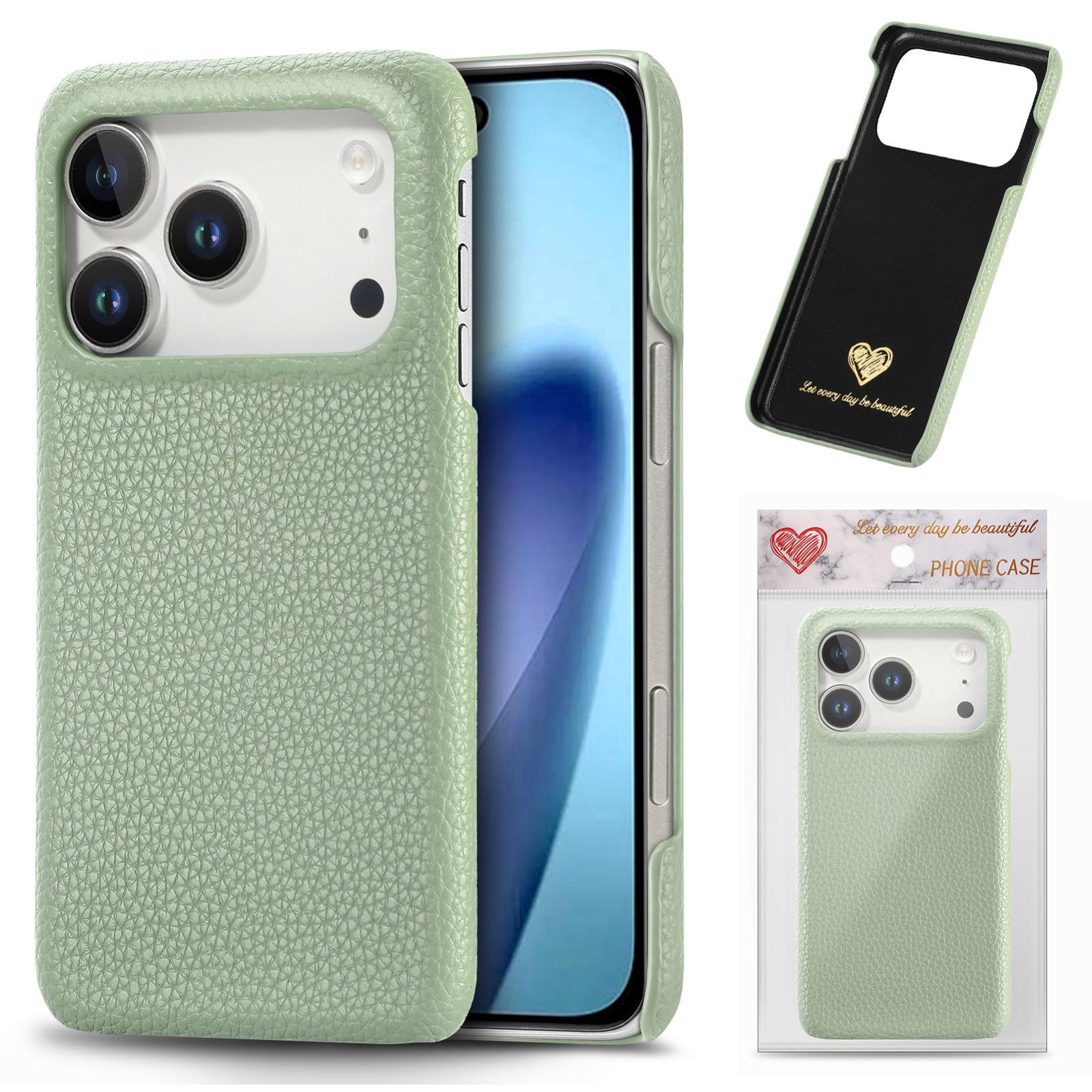 Compatible with iPhone 18 Pro Litchi Oil Edge Leather Back Phone Case - Tea Green