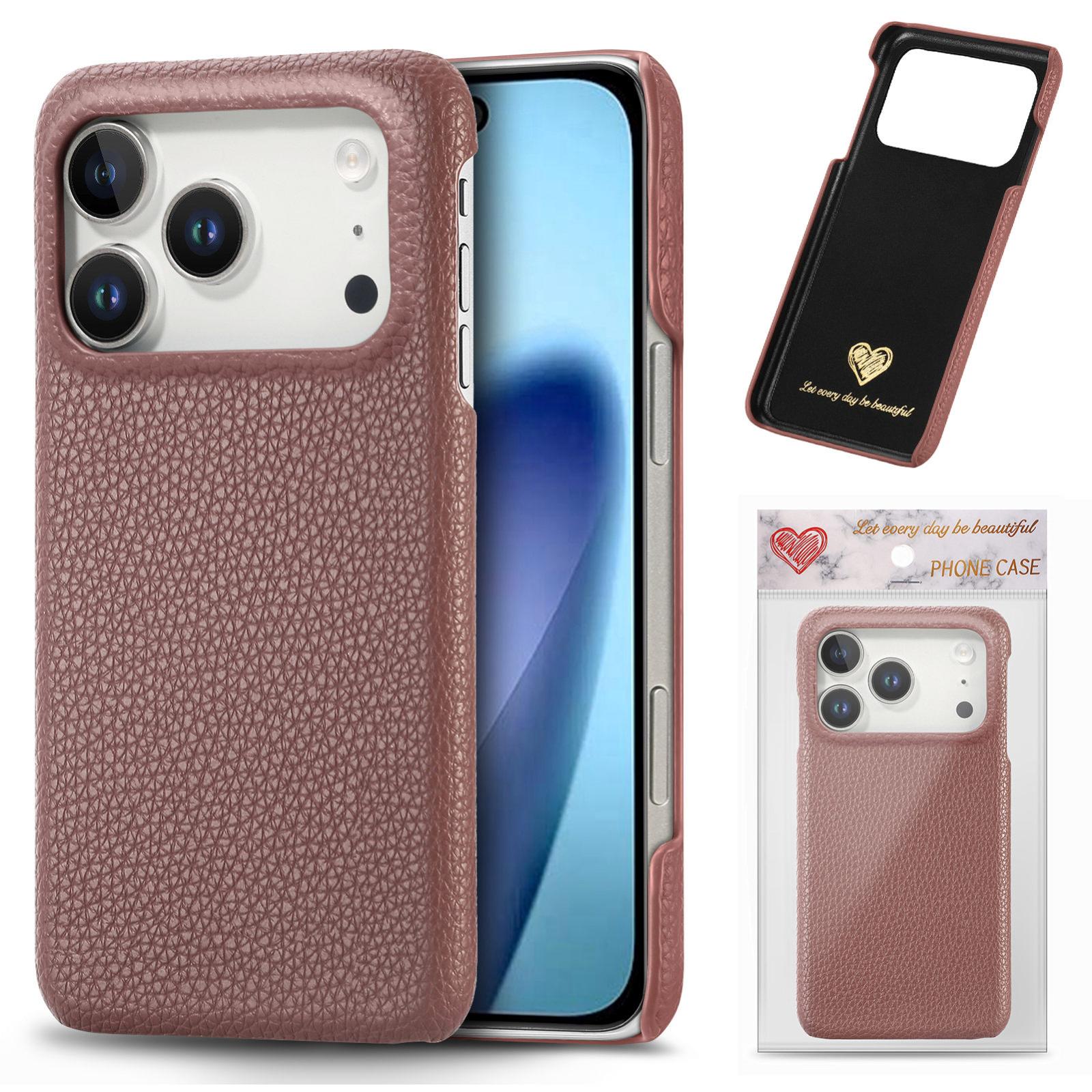 Compatible with iPhone 18 Pro Litchi Oil Edge Leather Back Phone Case - Jujube Apricot
