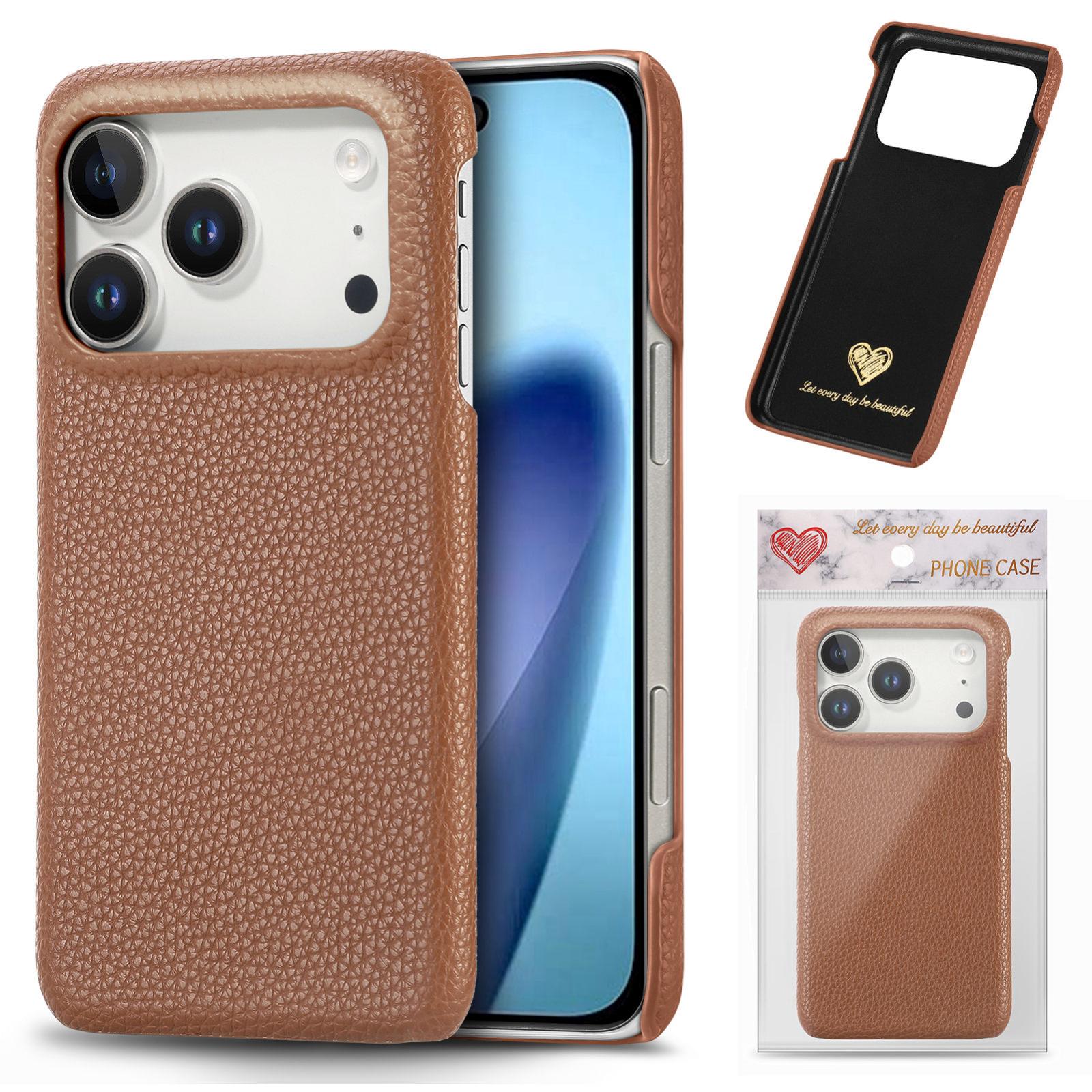 Compatible with iPhone 18 Pro Litchi Oil Edge Leather Back Phone Case - Brown