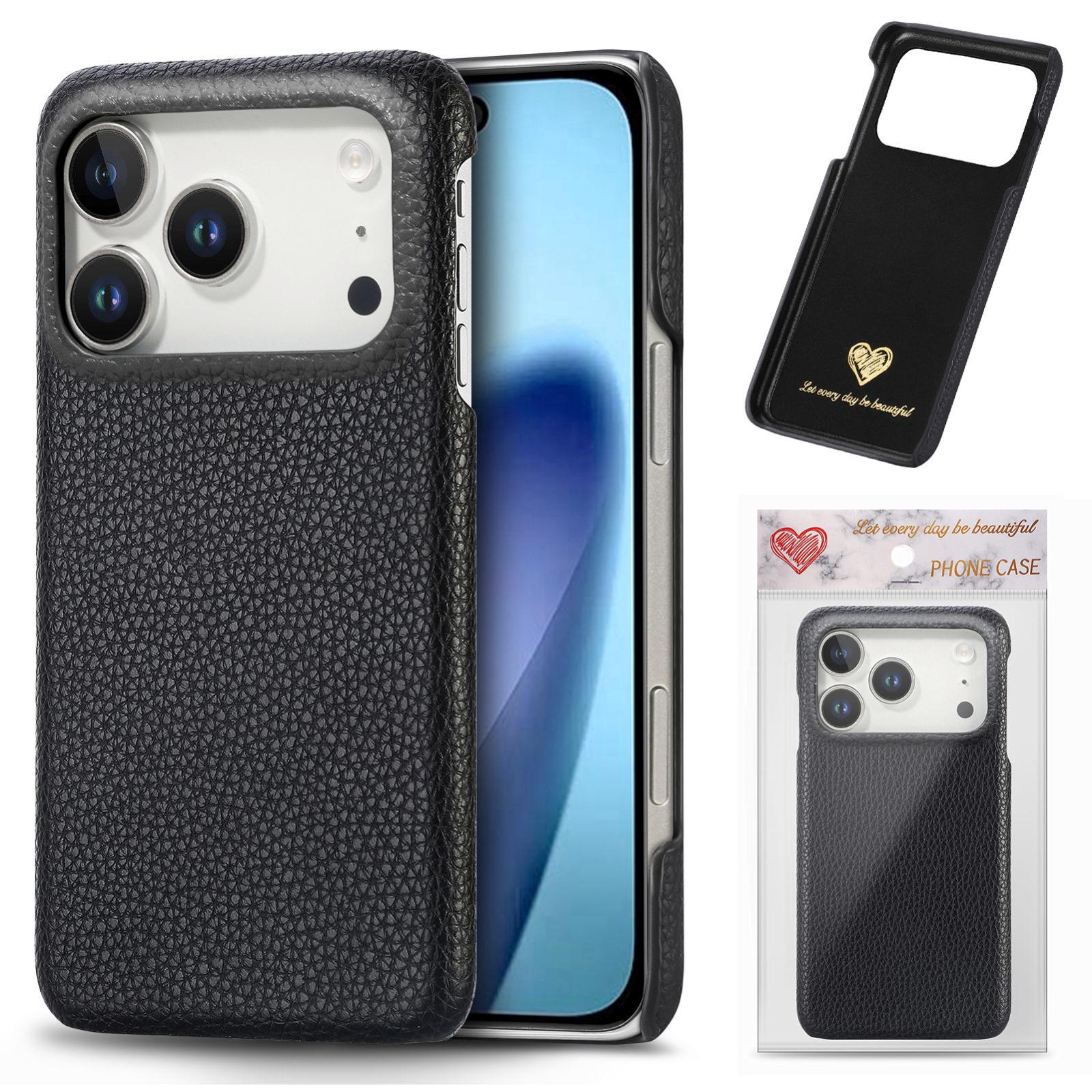 Compatible with iPhone 18 Pro Litchi Oil Edge Leather Back Phone Case - Black