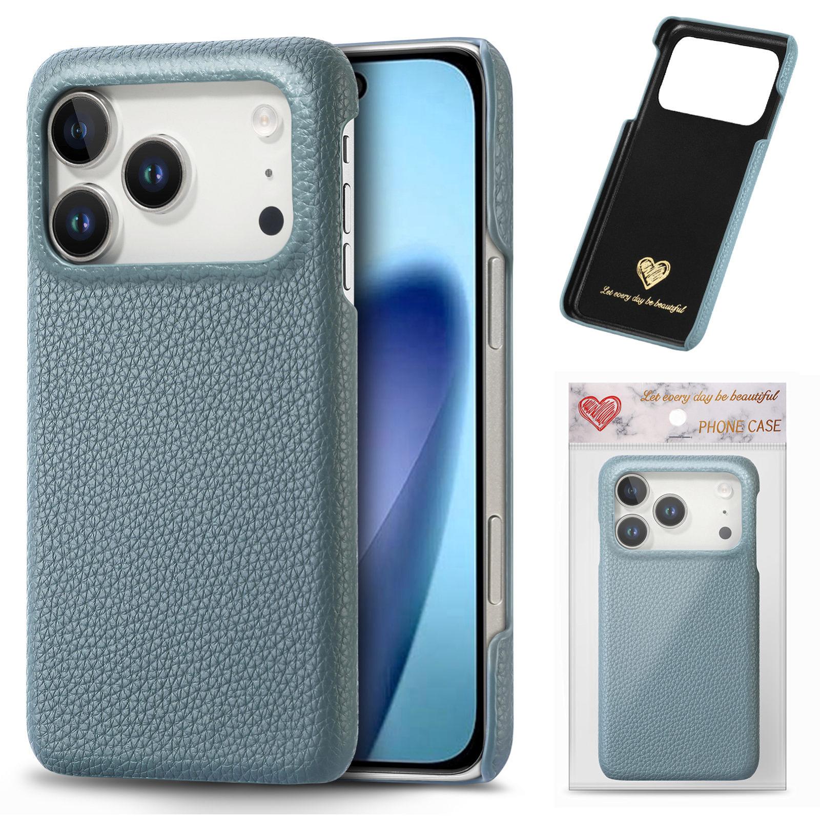 Compatible with iPhone 18 Pro Litchi Oil Edge Leather Back Phone Case - Light Blue
