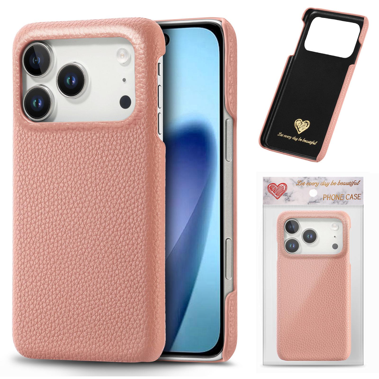 Compatible with iPhone 18 Pro Litchi Oil Edge Leather Back Phone Case - Pink
