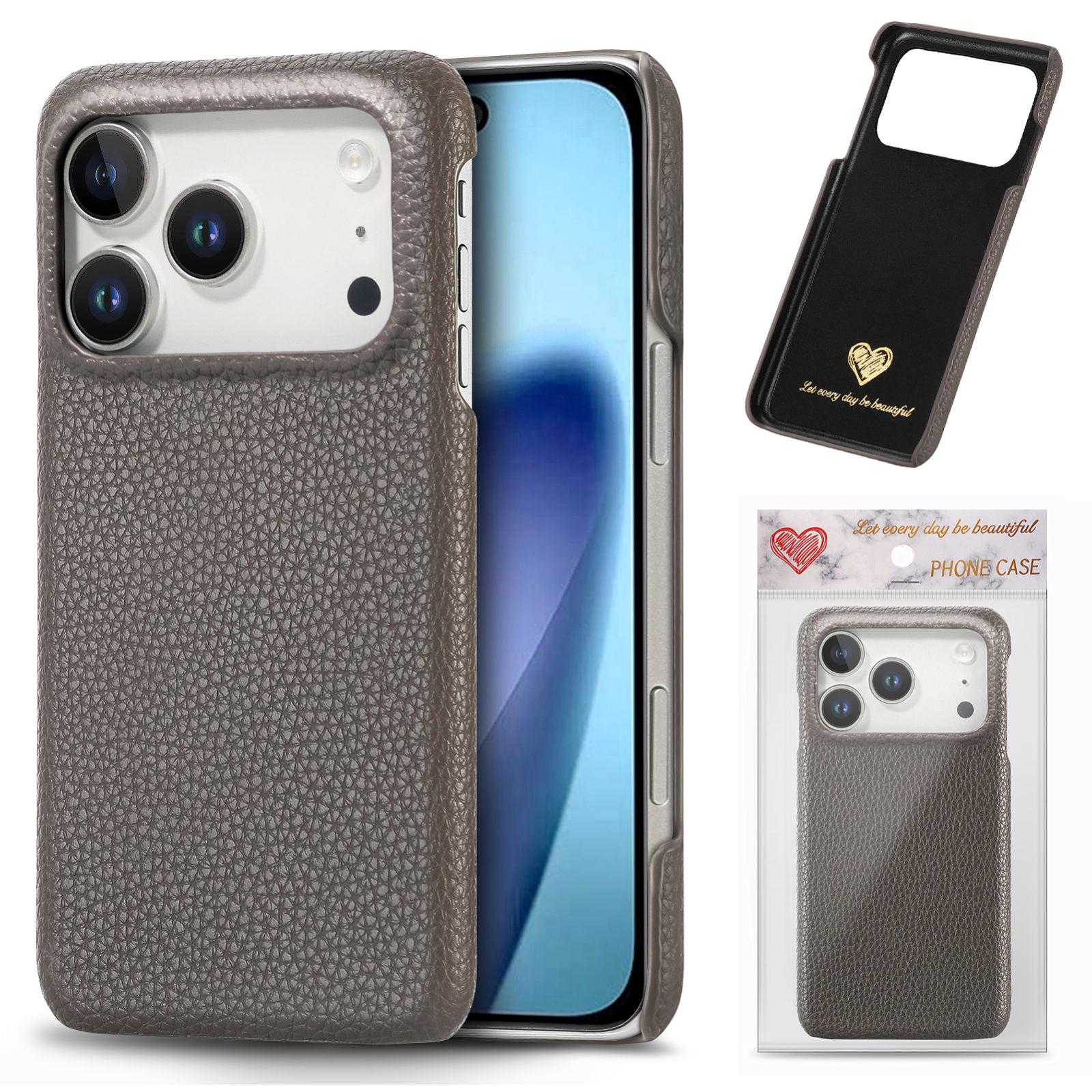 Compatible with iPhone 18 Pro Litchi Oil Edge Leather Back Phone Case - Grey