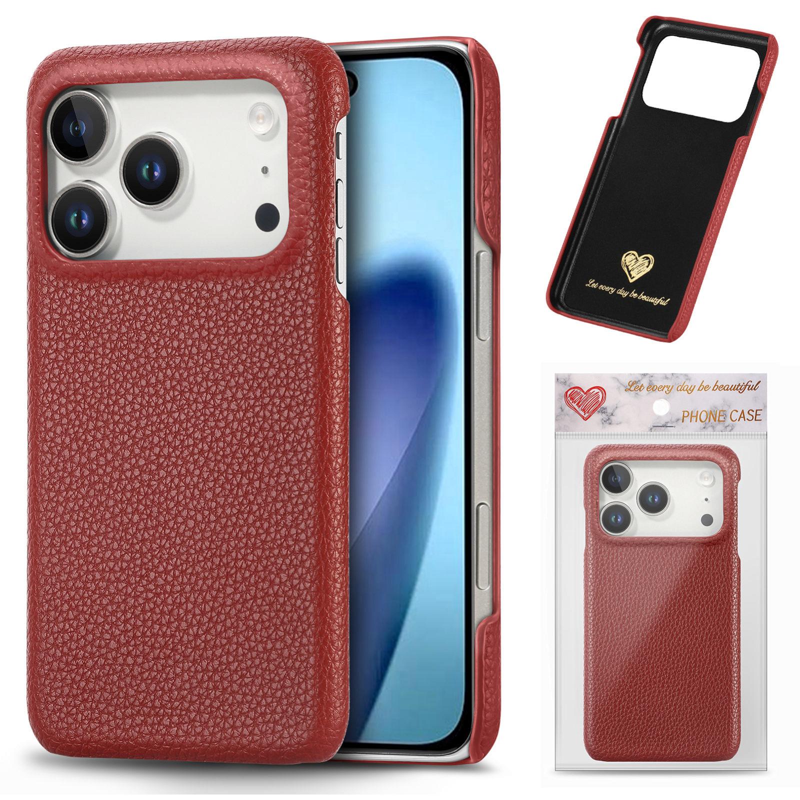 Compatible with iPhone 18 Pro Litchi Oil Edge Leather Back Phone Case - Red