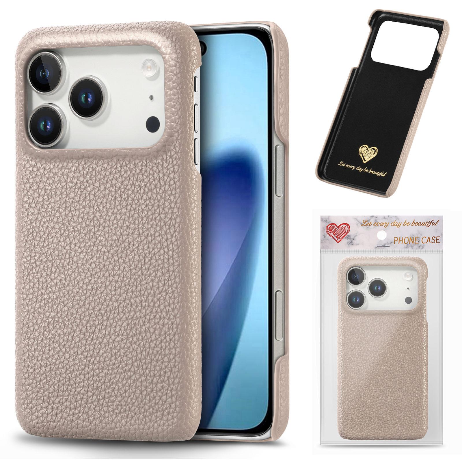 Compatible with iPhone 18 Pro Litchi Oil Edge Leather Back Phone Case - Khaki