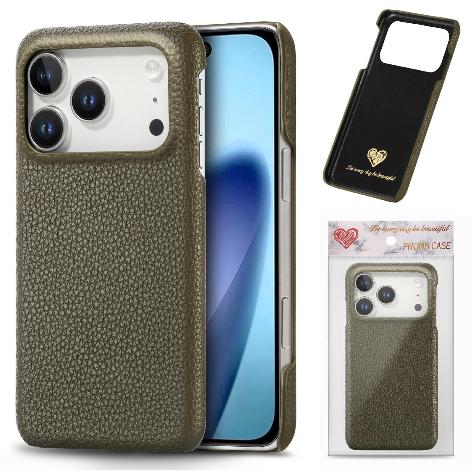 Compatible with iPhone 18 Pro Litchi Oil Edge Leather Back Phone Case - Green