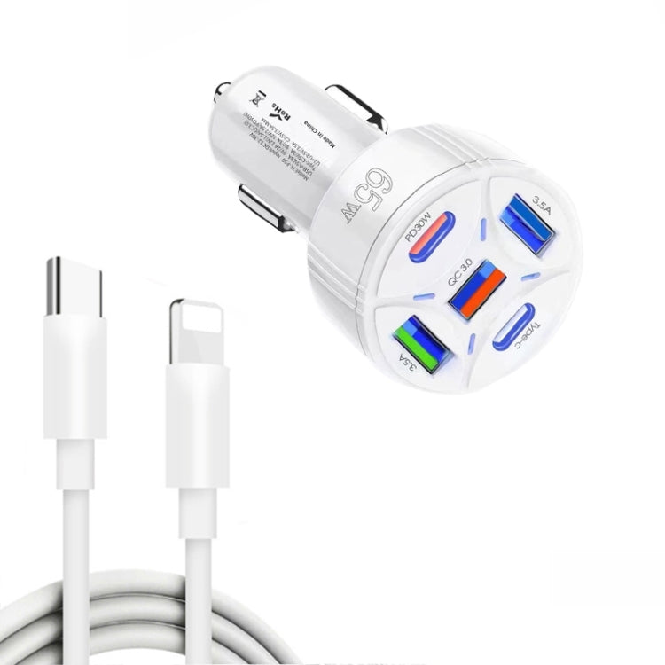 TE-P50 65W PD30W Type-C x 2 + USB x 3 Multi Port Car Charger with 1m Type-C to 8 Pin Data Cable(White)